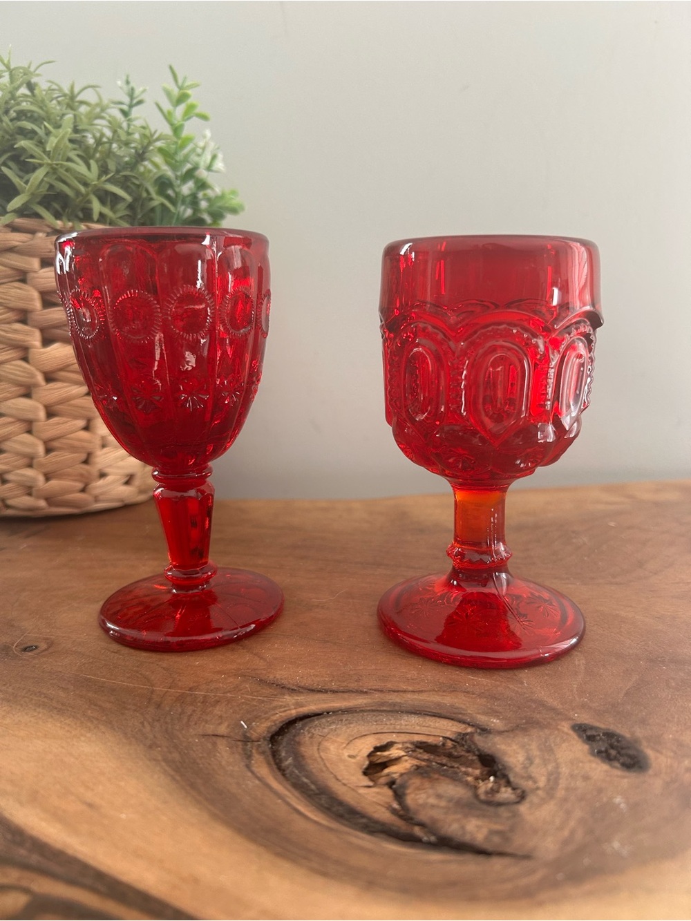 Vintage Glass Ruby Red 4.5" Moon & Stars Set of 2 small wine Goblets glasses
